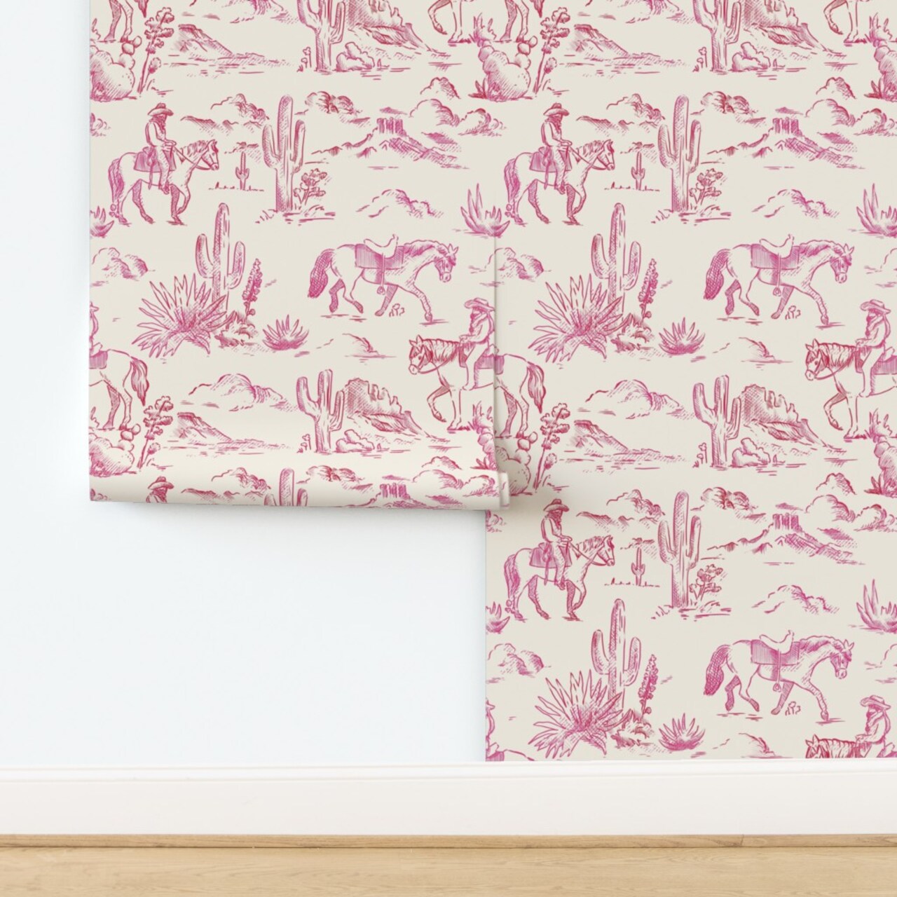 Western Landscape Cowboy Cactus Scenic Toile Custom Removable Wallpaper by Spoonflower Peel & Stick Wallpaper 2FT Wide